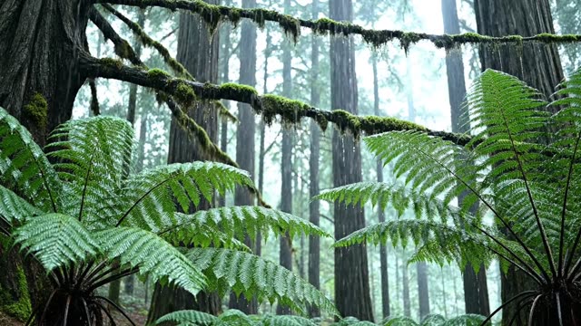 Old-growth canopy layers with fern fronds