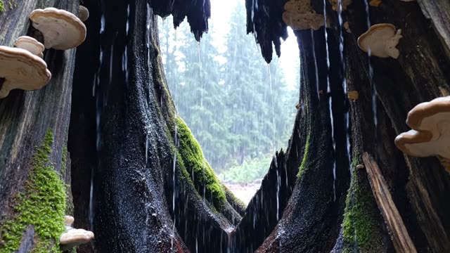 Hollow tree interior with rain dripping down the walls