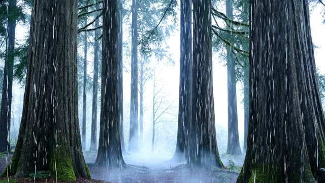 Low ground mist rolling between dark forest trunks
