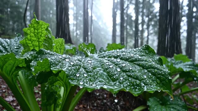 Enormous skunk cabbage leaves bouncing in rain