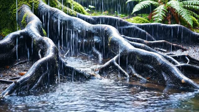 Gnarled exposed tree roots with sheeting water