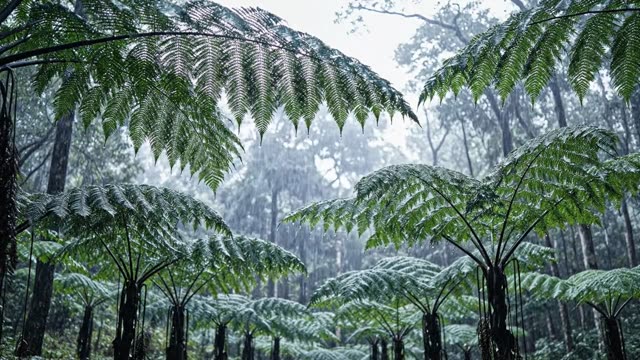 Dense grove of ferns at ground level in rain