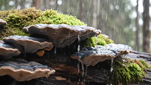 Decaying log blanketed in shelf fungus and moss