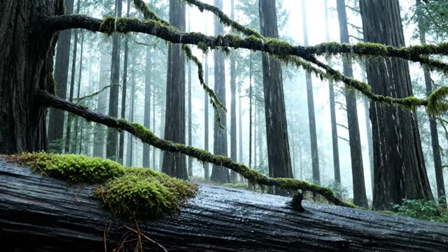Deep green moss on a fallen log absorbing rain