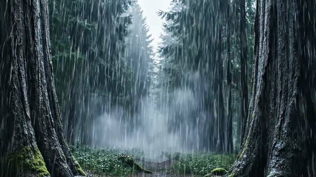 Layered rain curtains between two massive forest trunks