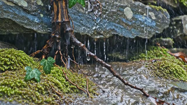 Thick ivy stem climbing a moss-covered stone wall