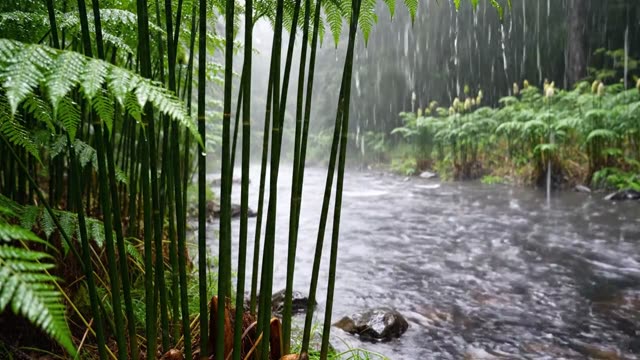 Horsetail ferns at the edge of a forest stream
