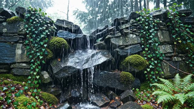 Ancient collapsed stone wall reclaimed by moss