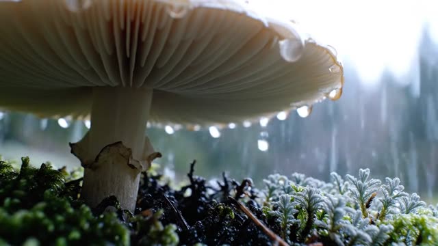 Underside of a large forest toadstool in rain