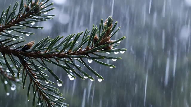 Pine branch with droplets swelling at needle tips