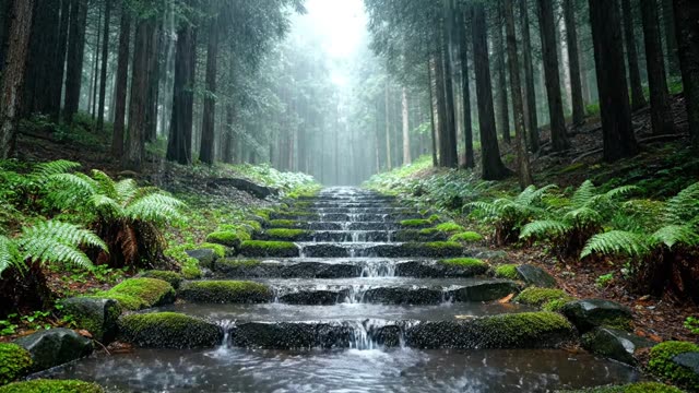 Ancient mossy stone steps disappearing into dark forest