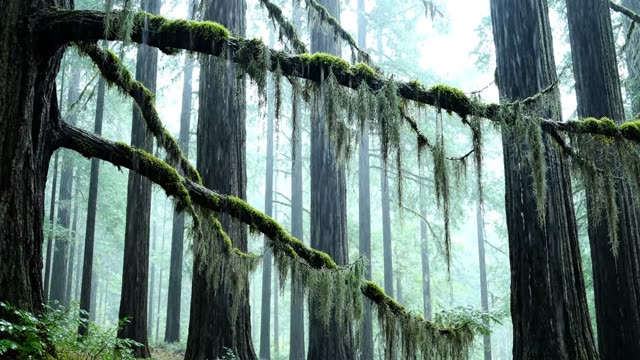 Pale grey-green lichen hanging from ancient boughs