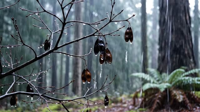Bare winter shrub hung with dark glistening seed pods