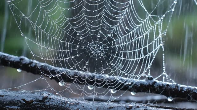 Cobweb between forest floor twigs with beading drops