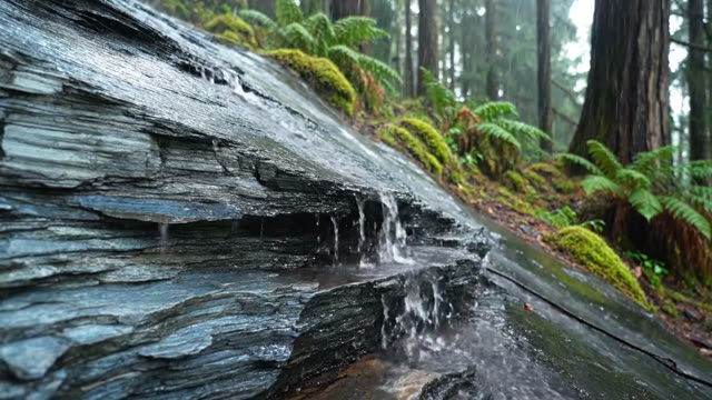 Vertical slate rock face with layered water films