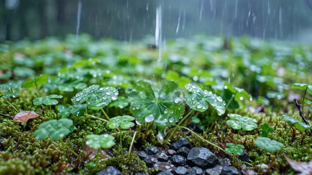 Wood sorrel and clover carpet dipping in rain