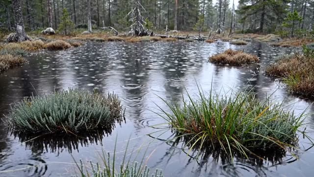 Shallow forest bog with sedge grass in rain