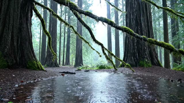Rain rings in shallow puddles on dark leaf litter