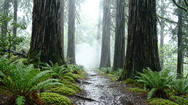 Narrow forest path dissolving into rolling mist