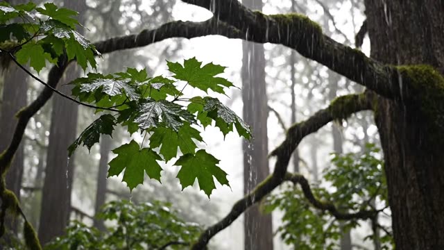 Broad maple leaves nodding under accumulated raindrops