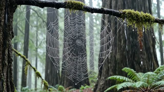 Dew-laden spider web trembling between dark branches