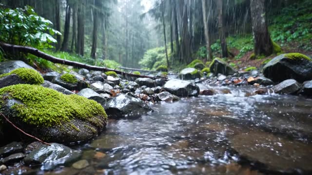 Forest stream threading between moss-covered stones
