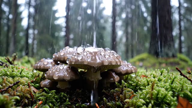 Small mushrooms on mossy forest floor in rain