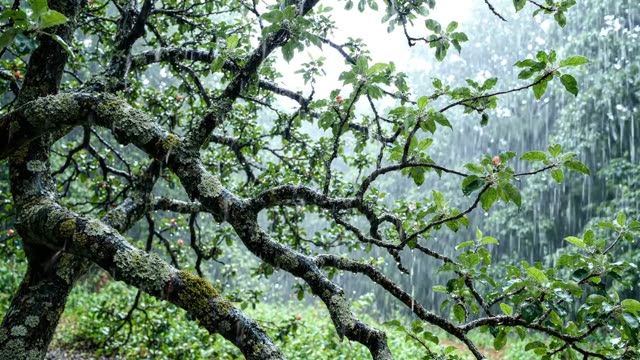 A sprawling old apple tree in the forest margin