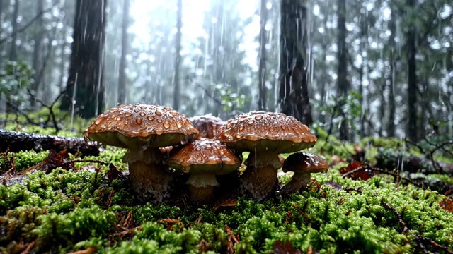 A group of bay bolete mushrooms on a forest floor in rain