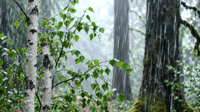 Young silver birch saplings glistening in rain