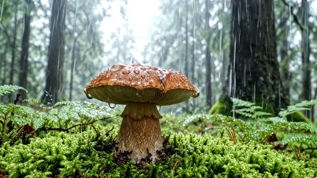 A large bolete mushroom with a broad dry cap in rain