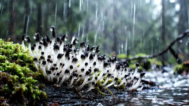 A colony of candle snuff fungi on dark dead wood