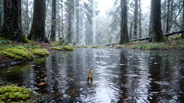 A dark pool with a single floating alder catkin in rain