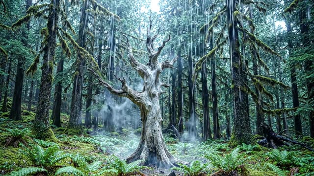 A single dead tree standing in a misty forest in rain