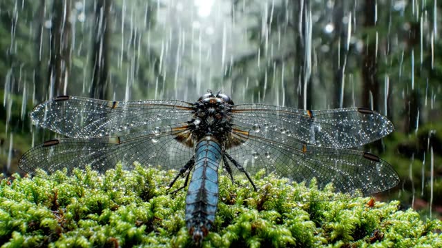 The compound structure of a dragonfly wing in rain