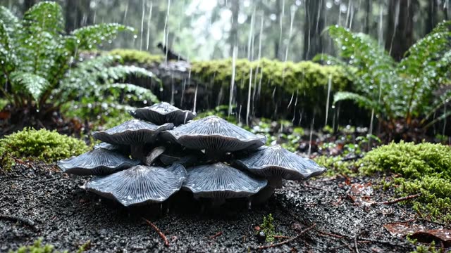 Earth stars opened flat on the forest floor in rain