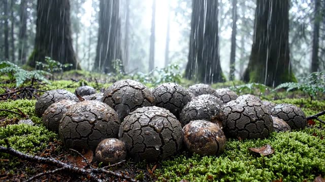 A colony of common earthball on a dark forest floor