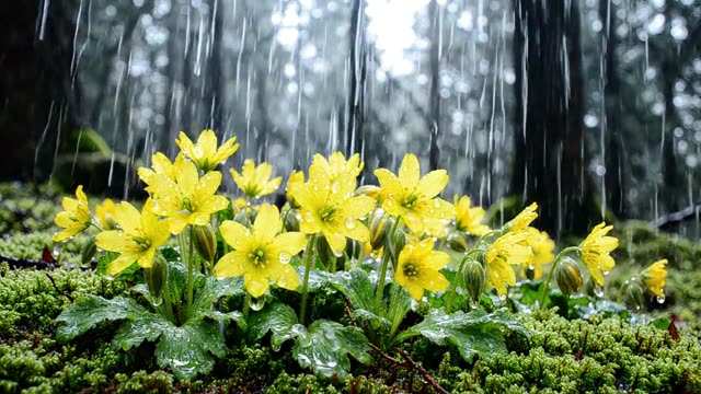 A colony of false oxlip in a dark woodland floor in rain