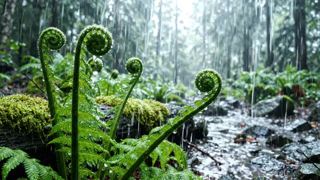 Ancient fern croziers slowly uncurling in rain