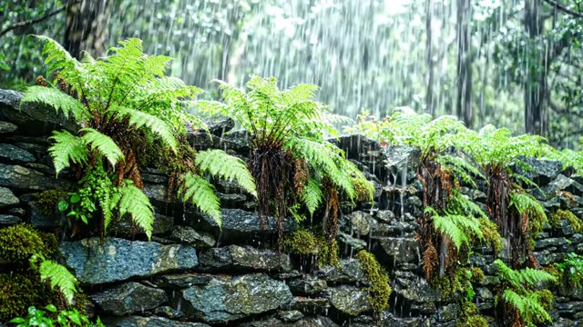 A dry stone wall with ferns growing from every gap