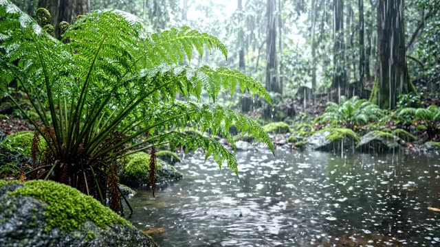 A stand of male fern arching over a dark forest pool