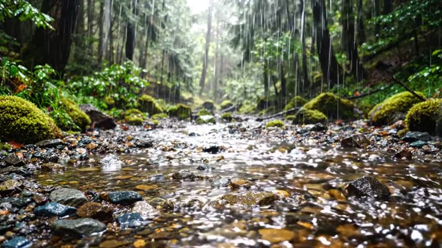 A narrow forest stream running gold over dark pebbles