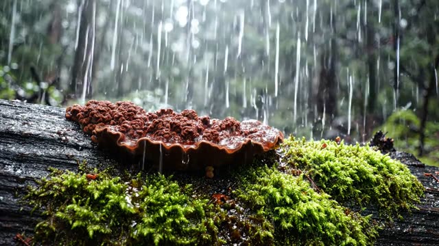 A colony of bleeding broadleaf crust on a dark log in rain