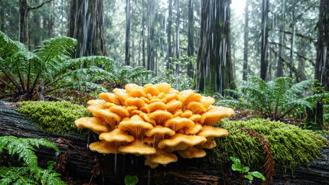 Orange and gold bracket fungus sheeting with rain (1)
