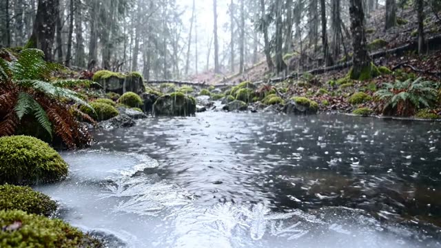 Thin ice forming at the edge of a forest pool in cold rain