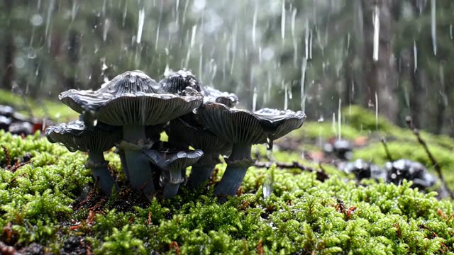 Ink cap mushrooms liquefying at their edges in rain