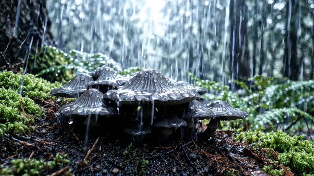 A cluster of glistening inkcaps emerging from dark soil