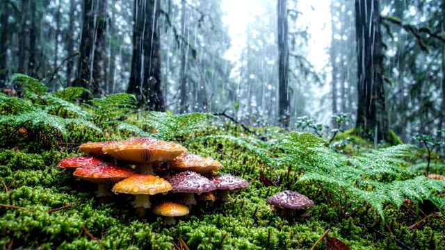 A colony of meadow waxcap in forest grassland in rain