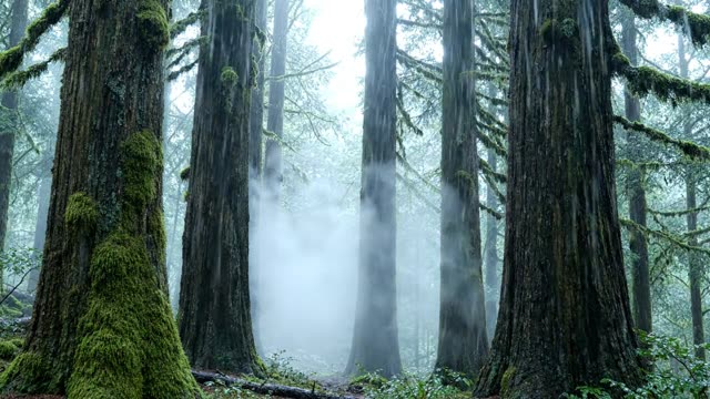A wall of mist advancing slowly between forest trees