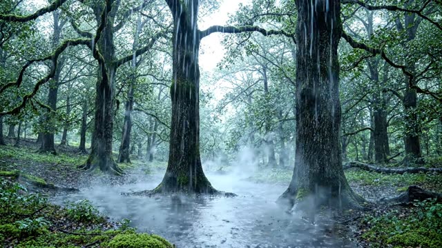 Mist pooling in a forest hollow below ancient oaks